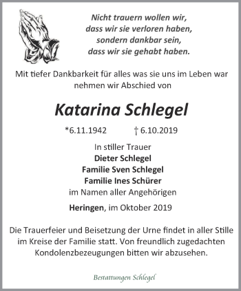 Traueranzeige von Katarina Schlegel von Thüringer Allgemeine