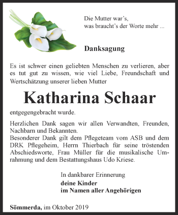 Traueranzeige von Katharina Schaar von Thüringer Allgemeine