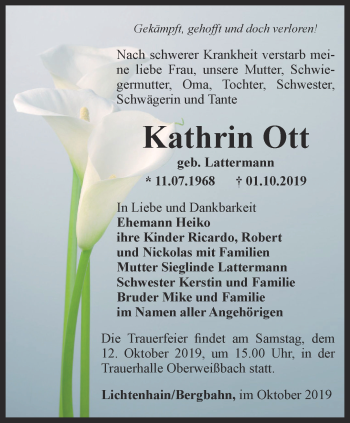 Traueranzeige von Kathrin Ott von Ostthüringer Zeitung