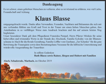 Traueranzeige von Klaus Blasse von Thüringer Allgemeine, Thüringische Landeszeitung