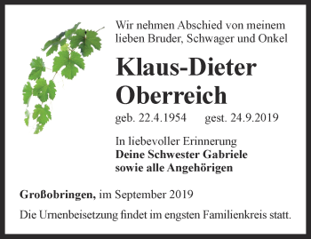 Traueranzeige von Klaus-Dieter Oberreich von Thüringer Allgemeine, Thüringische Landeszeitung