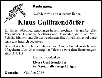 Traueranzeige von Klaus Gallitzendörfer von Ostthüringer Zeitung