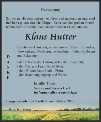 Traueranzeige von Klaus Hutter von Ostthüringer Zeitung