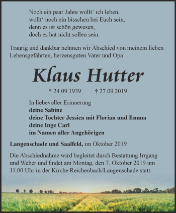 Traueranzeige von Klaus Hutter von Ostthüringer Zeitung