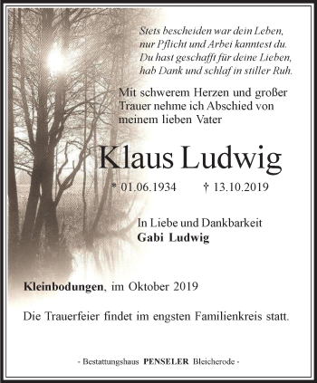 Traueranzeige von Klaus Ludwig von Thüringer Allgemeine