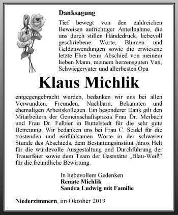 Traueranzeige von Klaus Michlik von Thüringer Allgemeine, Thüringische Landeszeitung