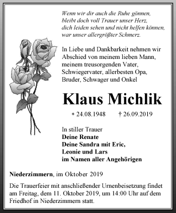 Traueranzeige von Klaus Michlik von Thüringer Allgemeine, Thüringische Landeszeitung