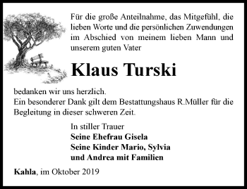 Traueranzeige von Klaus Turski von Ostthüringer Zeitung, Thüringische Landeszeitung