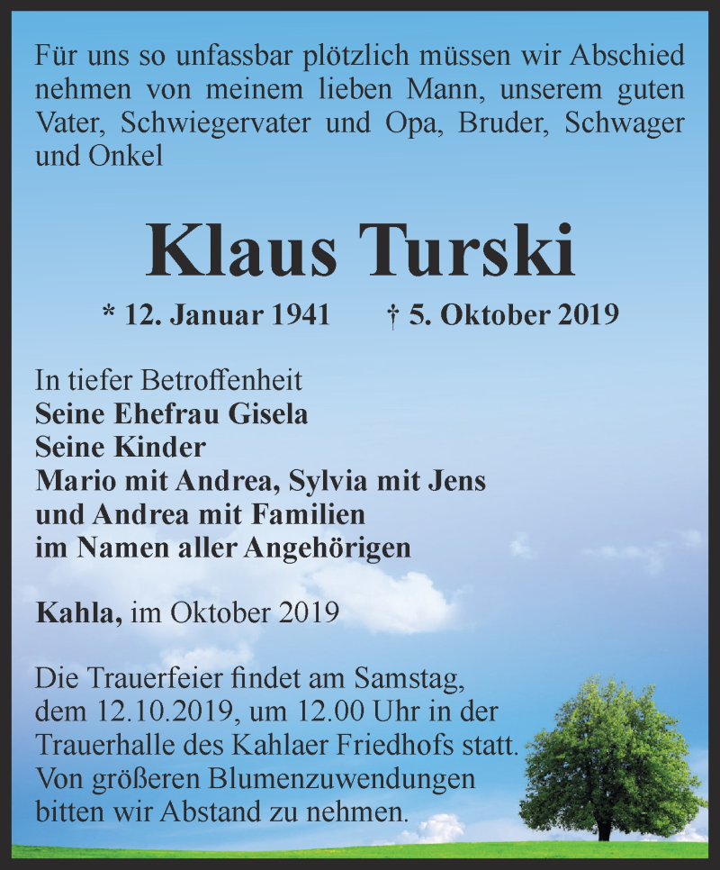  Traueranzeige für Klaus Turski vom 09.10.2019 aus Ostthüringer Zeitung, Thüringische Landeszeitung