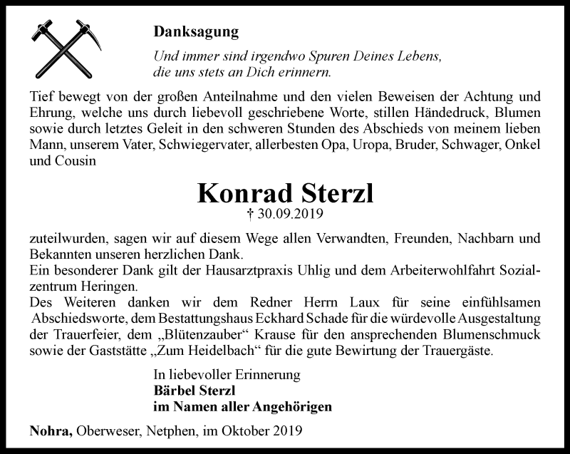  Traueranzeige für Konrad Sterzl vom 19.10.2019 aus Thüringer Allgemeine
