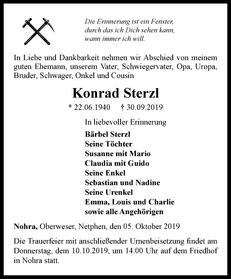  Traueranzeige für Konrad Sterzl vom 05.10.2019 aus Thüringer Allgemeine