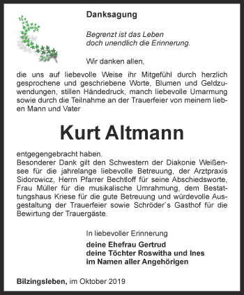 Traueranzeige von Kurt Altmann von Thüringer Allgemeine