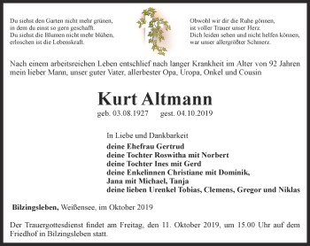 Traueranzeige von Kurt Altmann von Thüringer Allgemeine