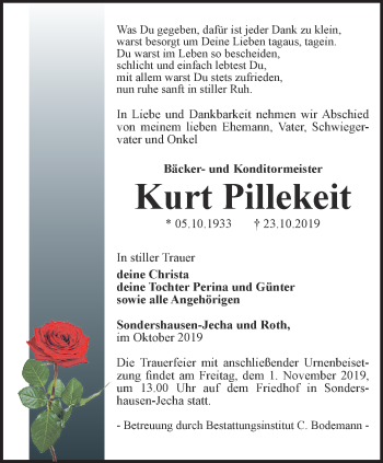 Traueranzeige von Kurt Pillekeit von Thüringer Allgemeine