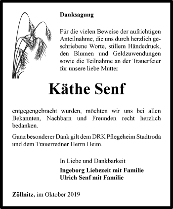 Traueranzeige von Käthe Senf von Ostthüringer Zeitung, Thüringische Landeszeitung