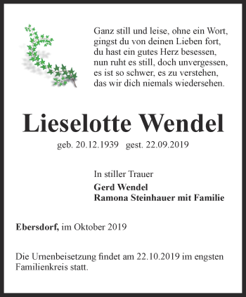 Traueranzeige von Lieselotte Wendel von Ostthüringer Zeitung