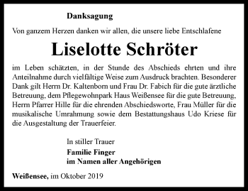 Traueranzeige von Liselotte Schröter von Thüringer Allgemeine