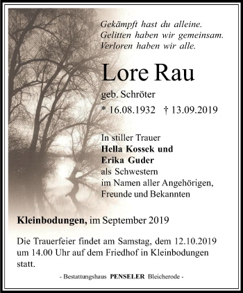 Traueranzeige von Lore Rau von Thüringer Allgemeine