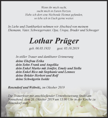 Traueranzeige von Lothar Prüger