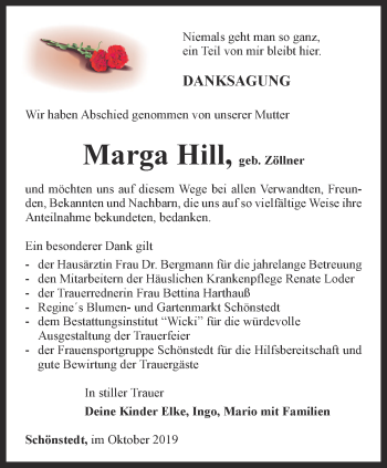 Traueranzeige von Marga Hill von Thüringer Allgemeine, Thüringische Landeszeitung