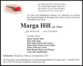 Traueranzeige von Marga Hill von Thüringer Allgemeine, Thüringische Landeszeitung