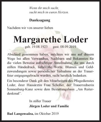 Traueranzeige von Margarethe Loder von Thüringer Allgemeine, Thüringische Landeszeitung