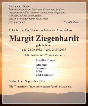 Traueranzeige von Margit Ziegenhardt von Thüringer Allgemeine, Thüringische Landeszeitung