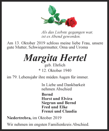 Traueranzeige von Margita Hertel von Thüringer Allgemeine, Thüringische Landeszeitung