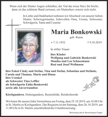 Traueranzeige von Maria Bonkowski von Thüringer Allgemeine