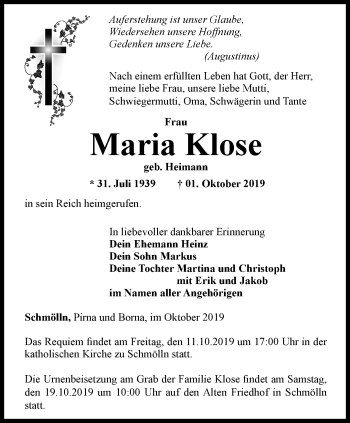 Traueranzeige von Maria Klose von Ostthüringer Zeitung