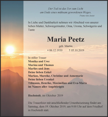 Traueranzeige von Maria Peetz von Thüringer Allgemeine, Thüringische Landeszeitung