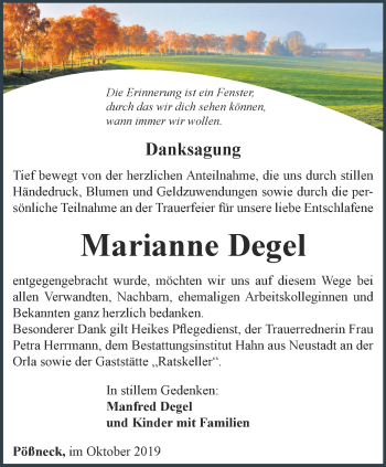 Traueranzeige von Marianne Degel von Ostthüringer Zeitung