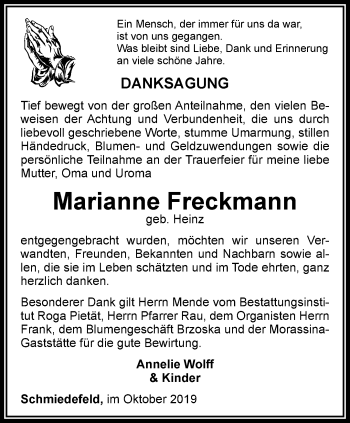 Traueranzeige von Marianne Freckmann von Ostthüringer Zeitung