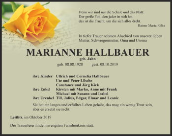 Traueranzeige von Marianne Hallbauer von Ostthüringer Zeitung