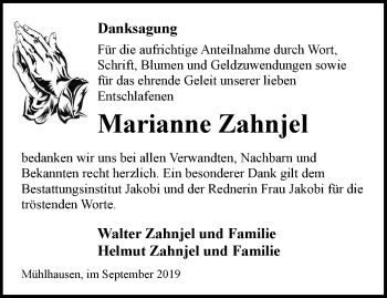 Traueranzeige von Marianne Zahnjel von Thüringer Allgemeine, Thüringische Landeszeitung