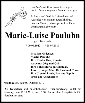 Traueranzeige von Marie-Luise Pauluhn von Thüringer Allgemeine