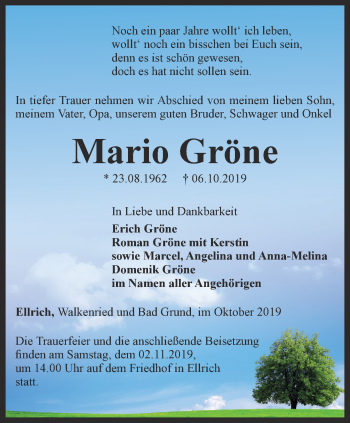 Traueranzeige von Mario Gröne von Thüringer Allgemeine