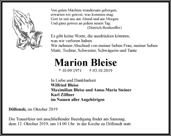 Traueranzeige von Marion Bleise von Thüringer Allgemeine