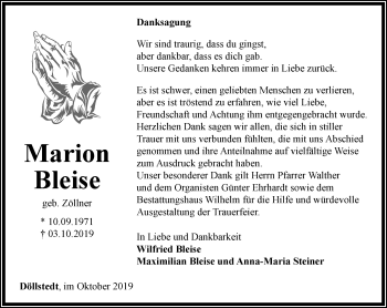 Traueranzeige von Marion Bleise von Thüringer Allgemeine