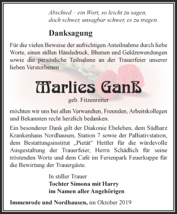 Traueranzeige von Marlie Ganß von Thüringer Allgemeine