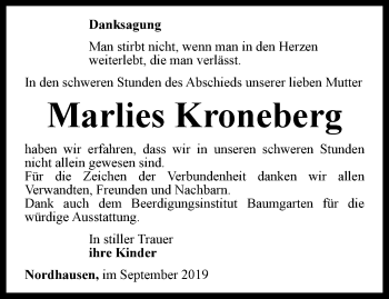Traueranzeige von Marlies Kroneberg von Thüringer Allgemeine