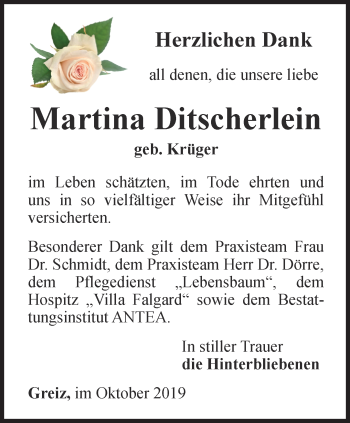 Traueranzeige von Martina Ditscherlein von Ostthüringer Zeitung