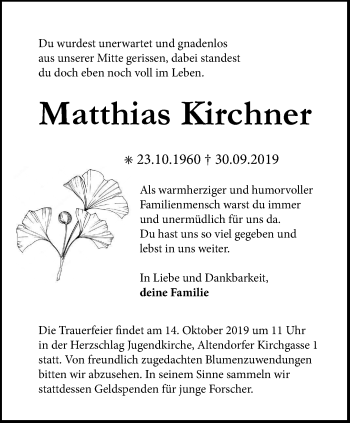 Traueranzeige von Matthias Kirchner von Thüringer Allgemeine