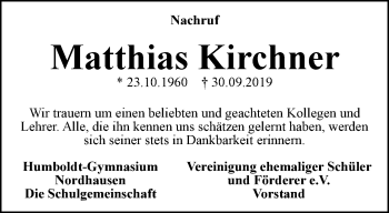 Traueranzeige von Matthias Kirchner von Thüringer Allgemeine