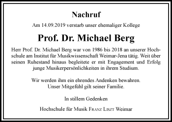 Traueranzeige von Michael Berg von Thüringer Allgemeine, Thüringische Landeszeitung