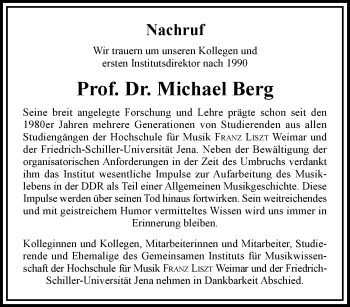 Traueranzeige von Michael Berg von Thüringer Allgemeine, Thüringische Landeszeitung