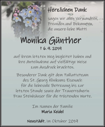 Traueranzeige von Monika Günther von Thüringer Allgemeine, Thüringische Landeszeitung