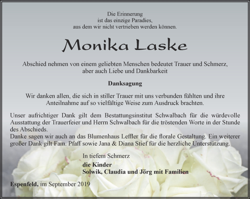  Traueranzeige für Monika Laske vom 05.10.2019 aus Thüringer Allgemeine