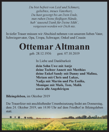 Traueranzeige von Ottemar Altmann von Thüringer Allgemeine