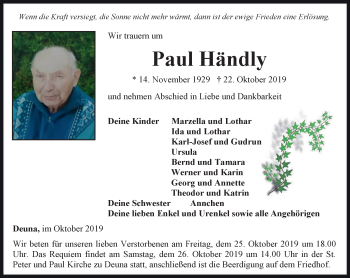 Traueranzeige von Paul Händly von Thüringer Allgemeine